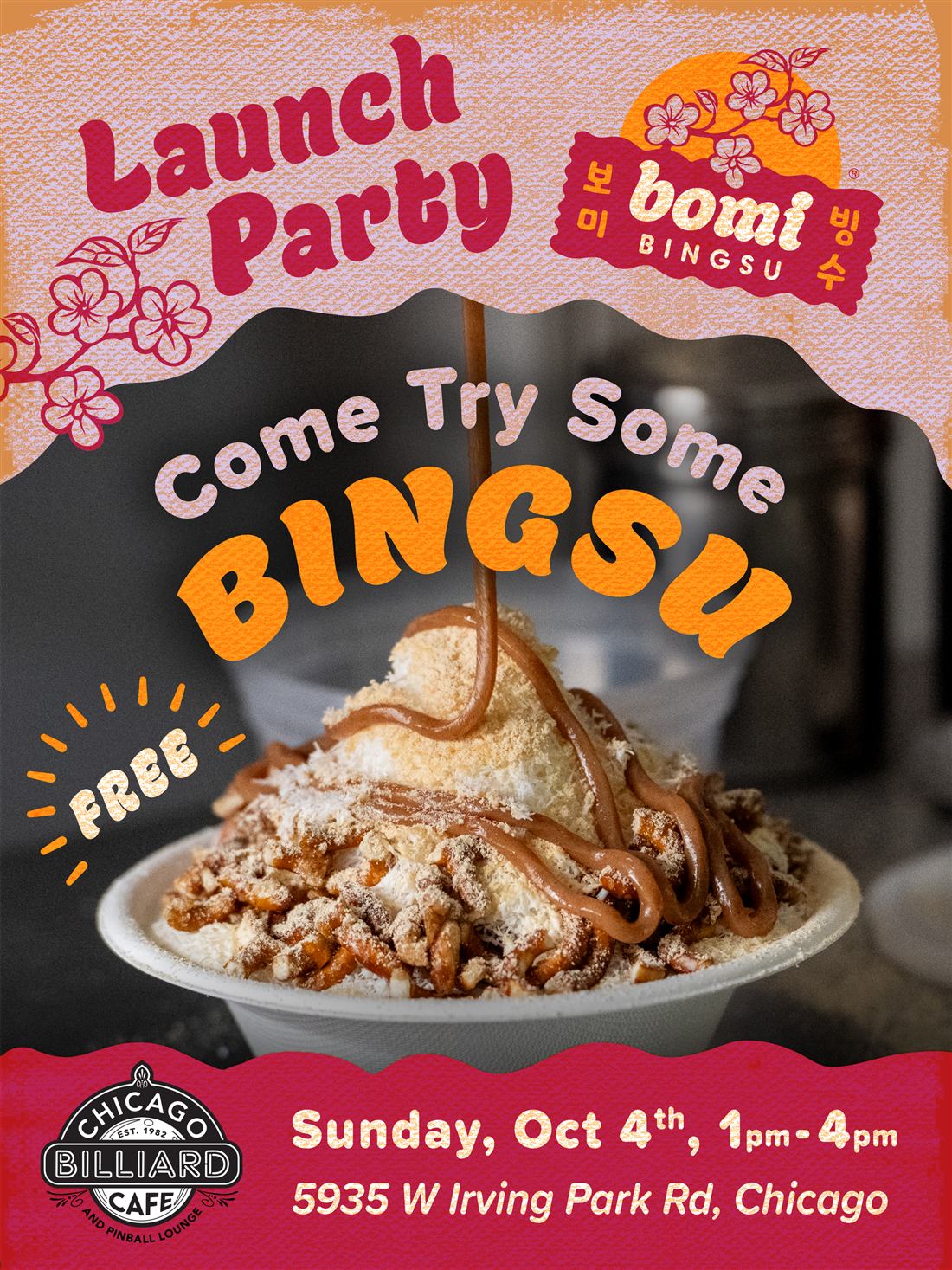 Bomi Bingsu Launch Party flyer: come try some bingsu, free, Sunday October 4th, 1pm to 4pm, at Chicago Billiard Cafe and Pinball Lounge, 5935 W Irving Park Rd, Chicago